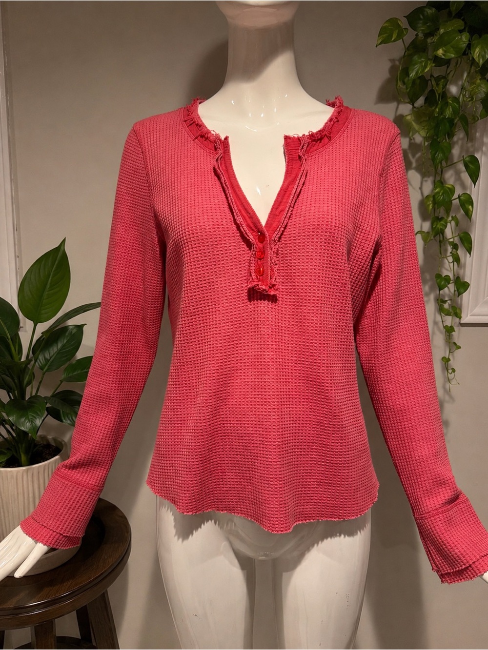 Dear John Waffle Knit Henley Top Medium Pink Thermal Raw Edge Long Sleeve